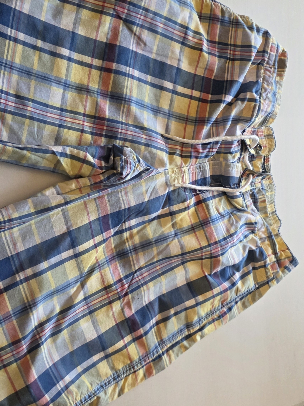 Ralph Lauren Plaid Drawstring Swim Trunks in Yellow, Navy and Cream